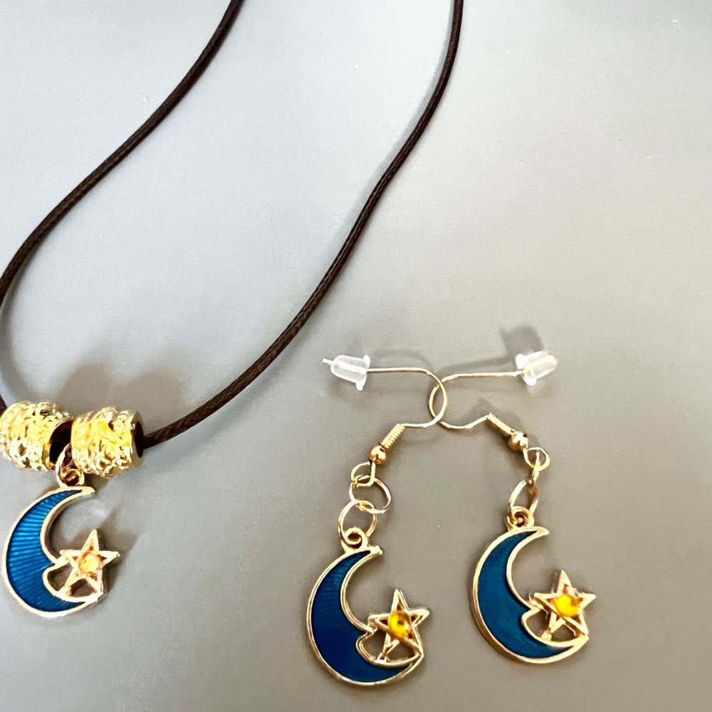 Blue Celestial Starry Crescent Moon Necklace and Earrings Set